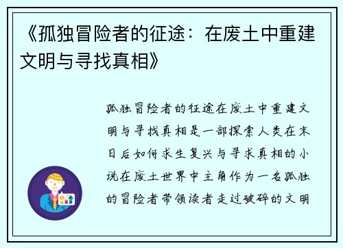 《孤独冒险者的征途：在废土中重建文明与寻找真相》