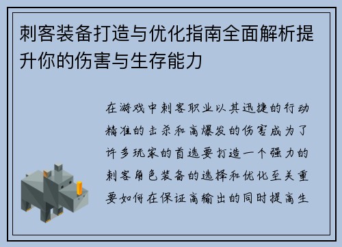 刺客装备打造与优化指南全面解析提升你的伤害与生存能力